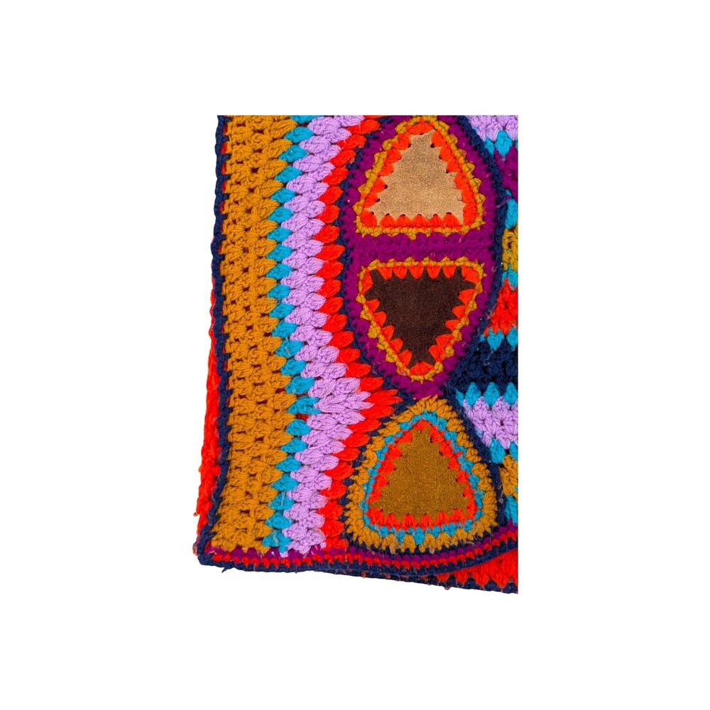 Vintage 70s Dayne Taylor Crochet Granny Square Tank Top Suede Patches Boho L - Picture 5 of 8